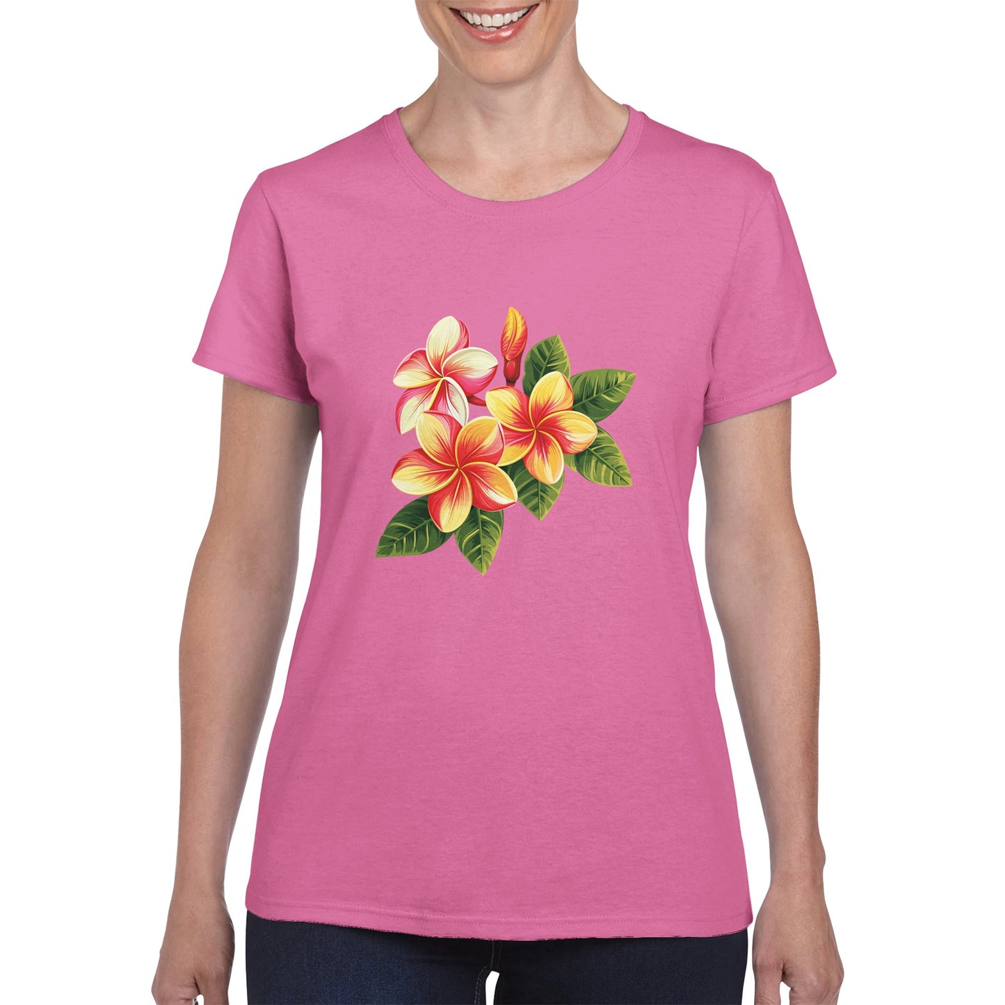 A woman wearing a bright pink shirt with tropical flowers