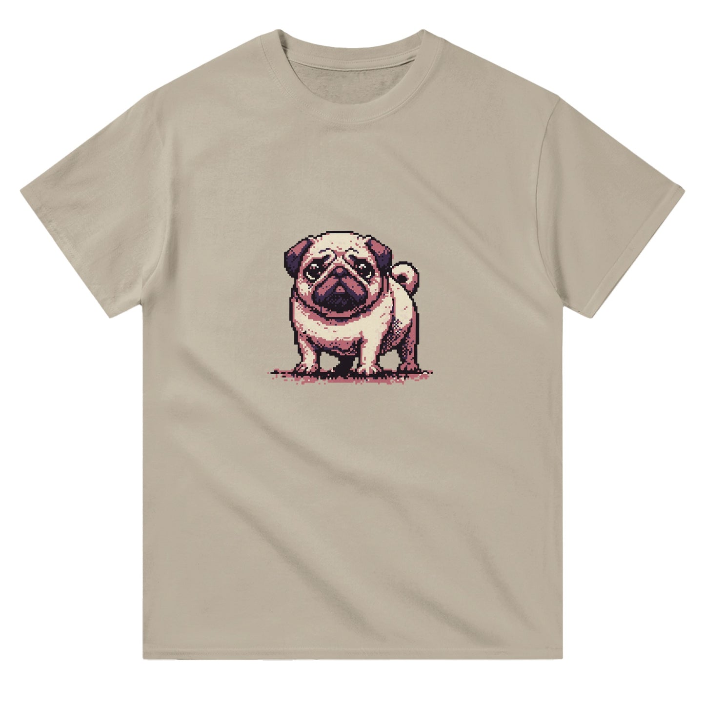 mens and womens sand coloured t-shirt with a cute pug picture