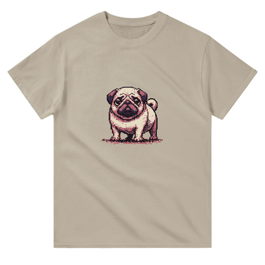 mens and womens sand coloured t-shirt with a cute pug picture