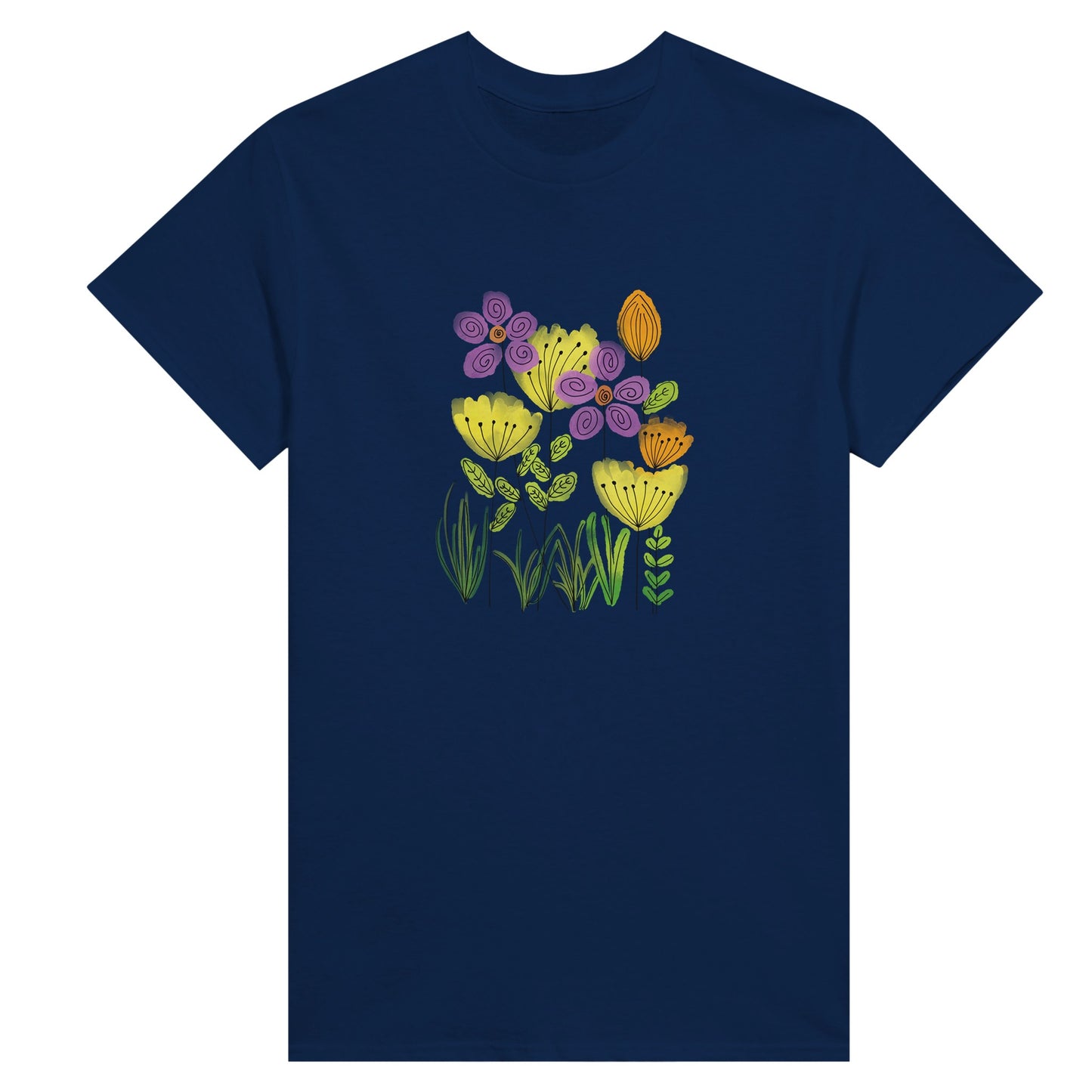 Women's navy blue shirt with a picture of colourful flowers