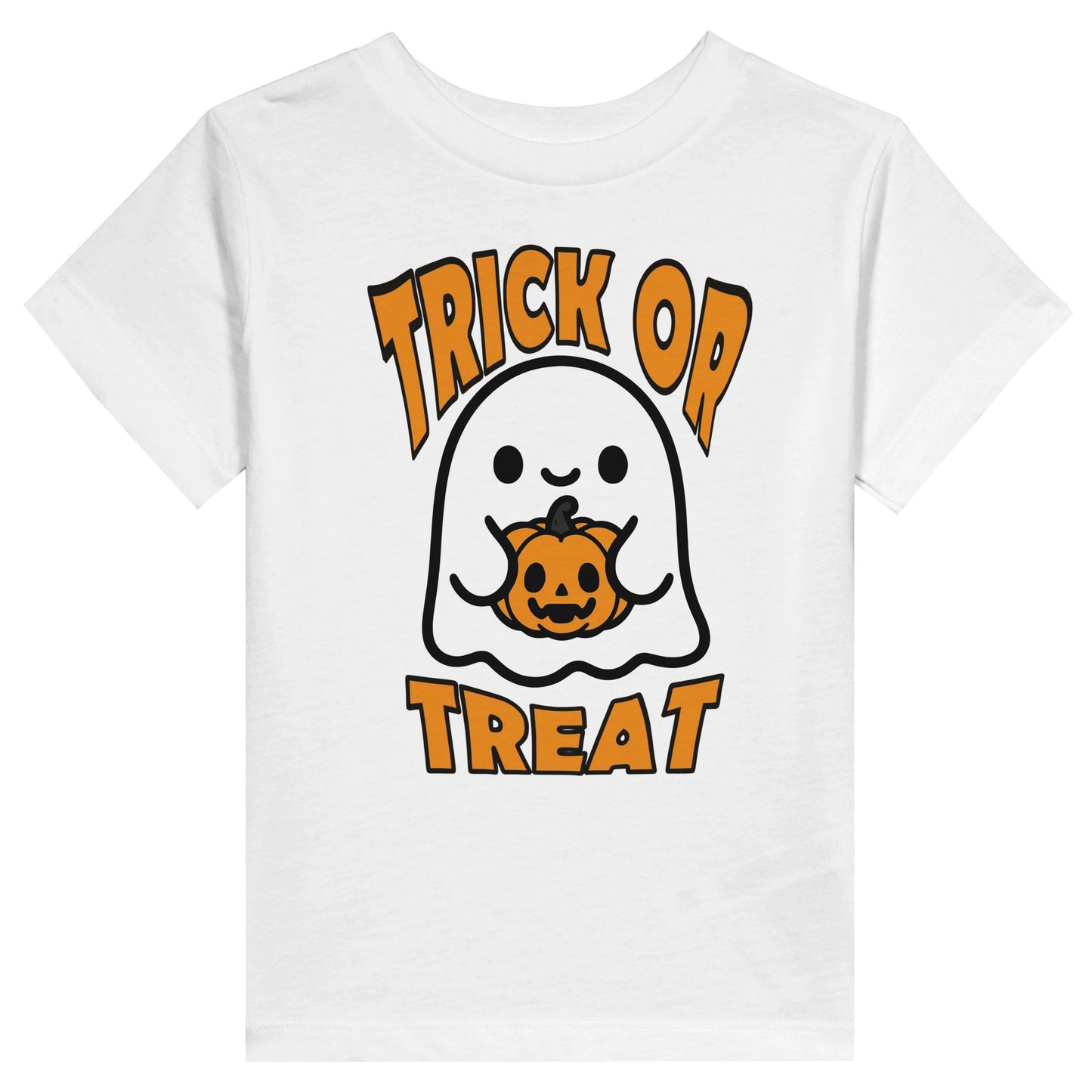White short sleeve toddle shirt for halloween with a picture of a ghost holding a pumpkin and the text "Trick or treat"