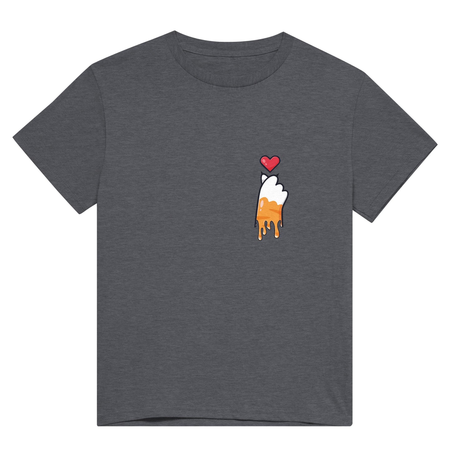 Dark grey shirt with the picture of a melting or dripping ginger and white cat paw with a red heart above it in the upper right corner of the shirt..