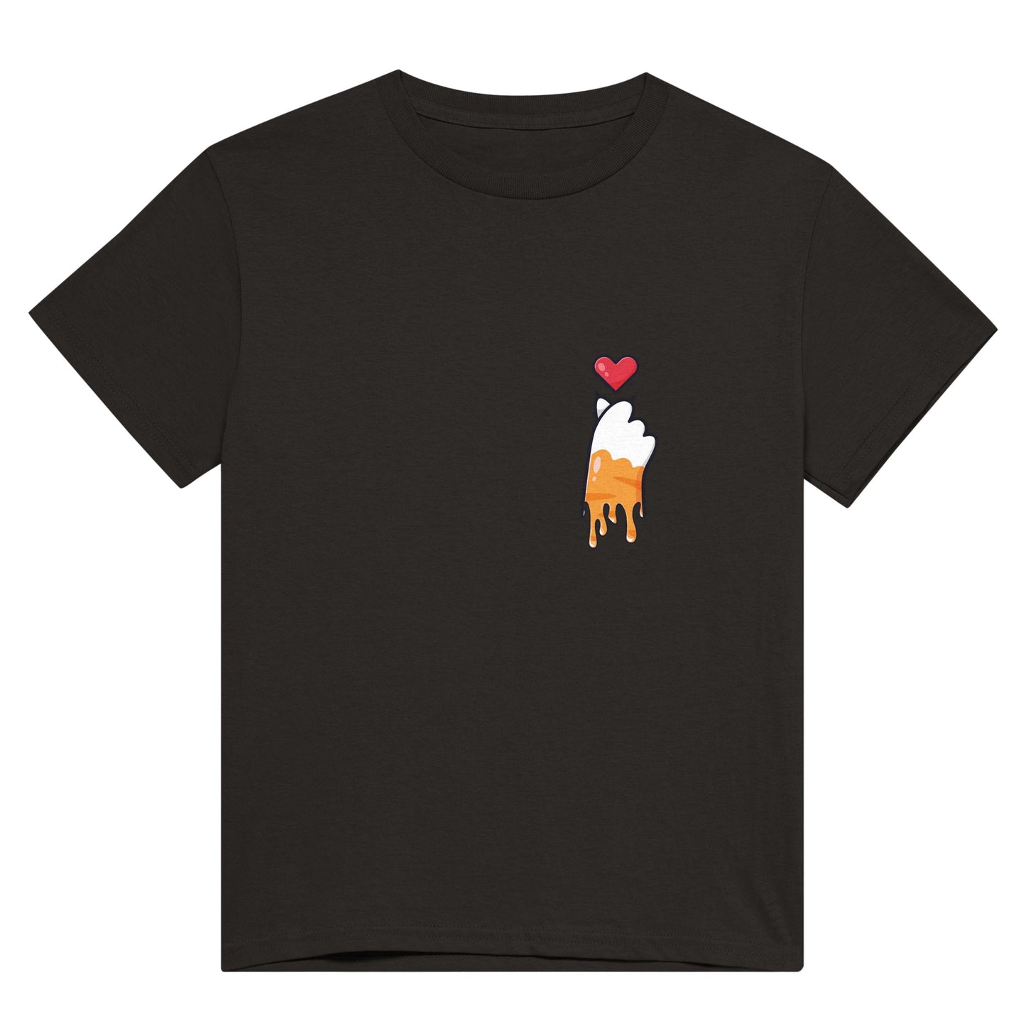 Black t shirt with the picture of a melting or dripping ginger and white cat paw with a red heart above it in the upper right corner of the shirt..