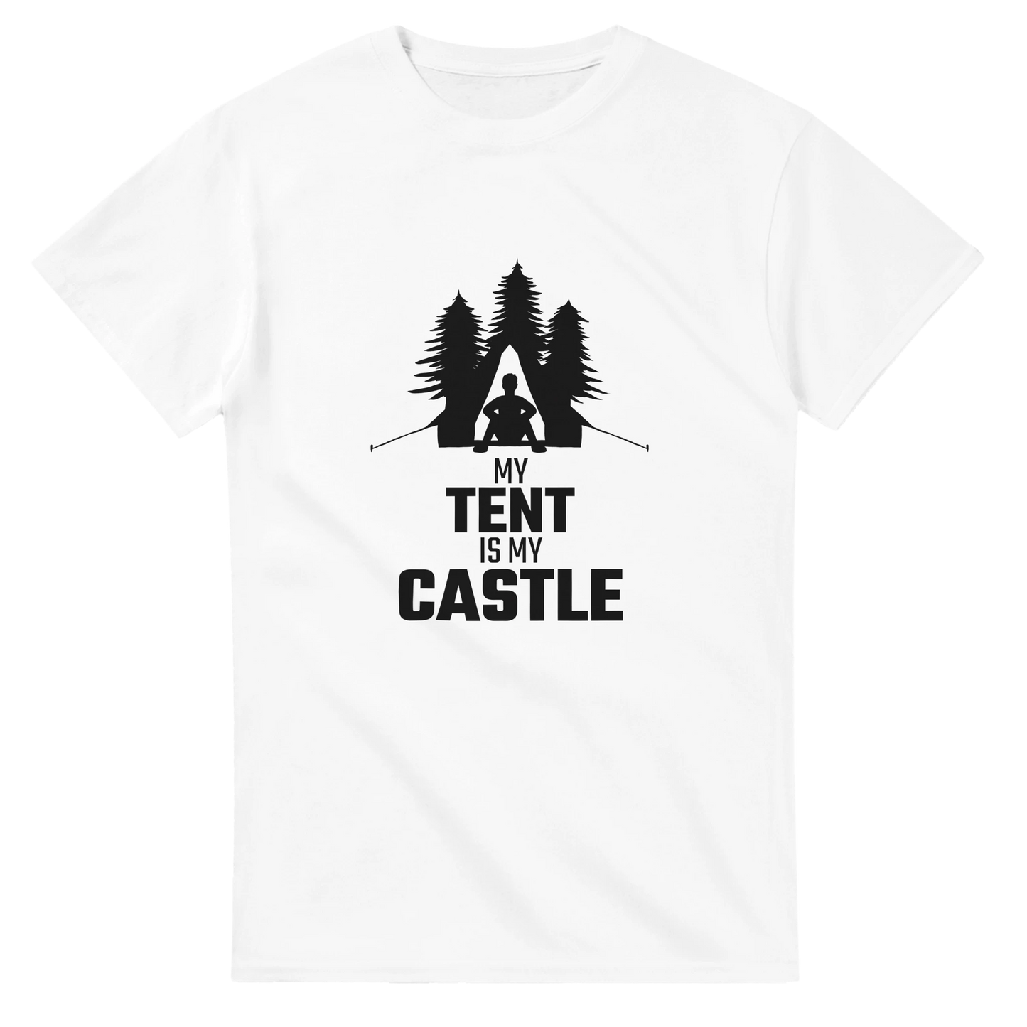 Astral Apple Men’s, Women’s or Unisex short sleeved, casual style classic crewneck t-shirt in white cotton, with graphic print of a man sitting in his tent with trees behind him and the text, "My Tent is My Castle", front view, funny outdoor camping t-shirt