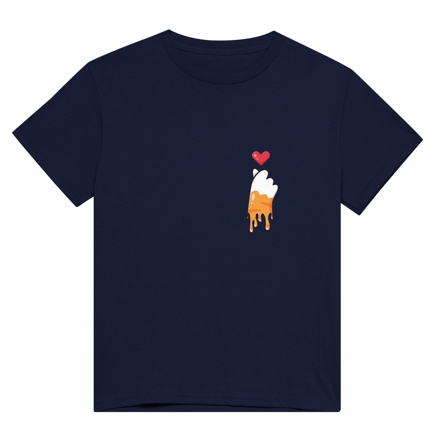 Navy blue t shirt with the picture of a melting or dripping ginger and white cat paw with a red heart above it in the upper right corner of the shirt..