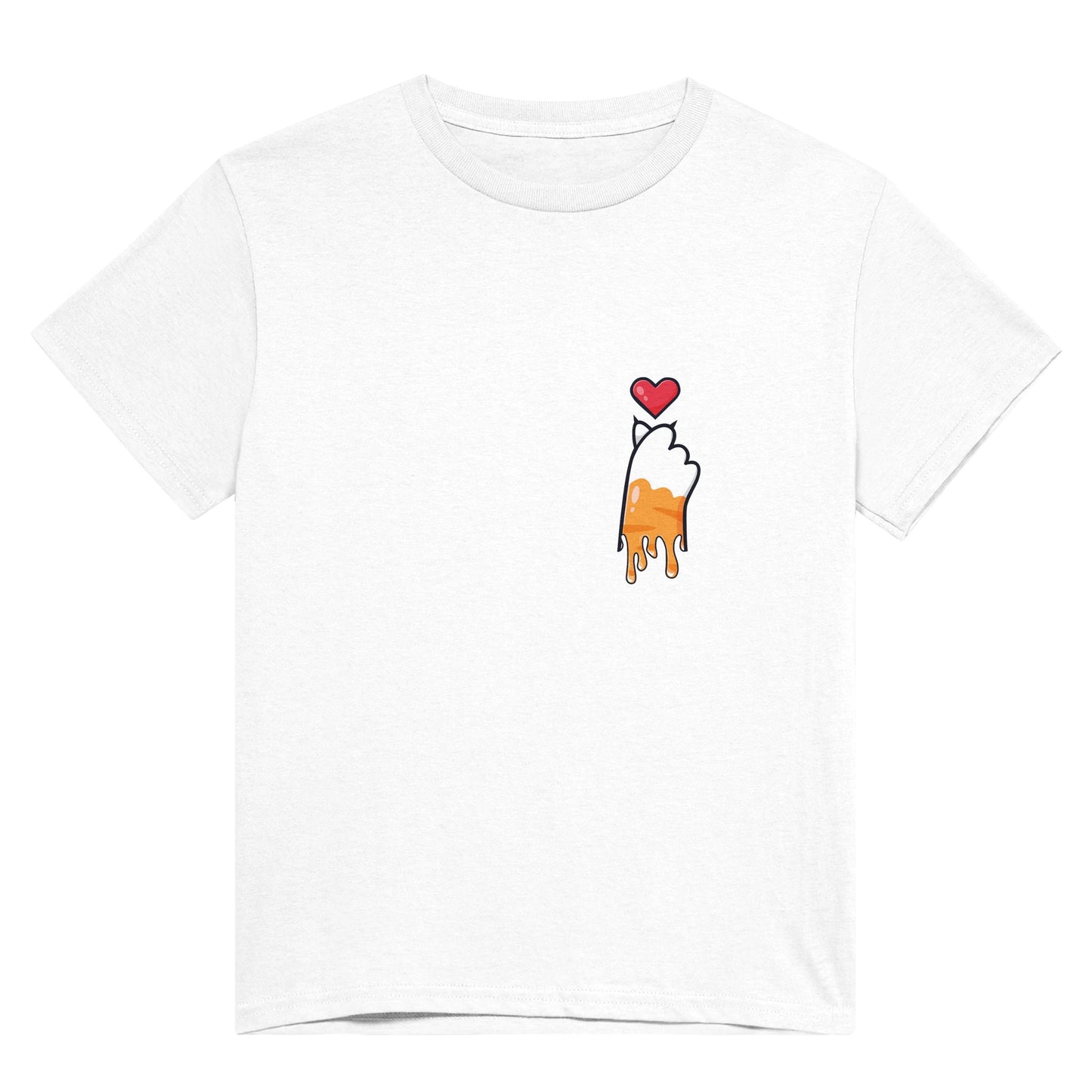 White t shirt with the picture of a melting or dripping ginger and white cat paw with a red heart above it in the upper right corner of the shirt..