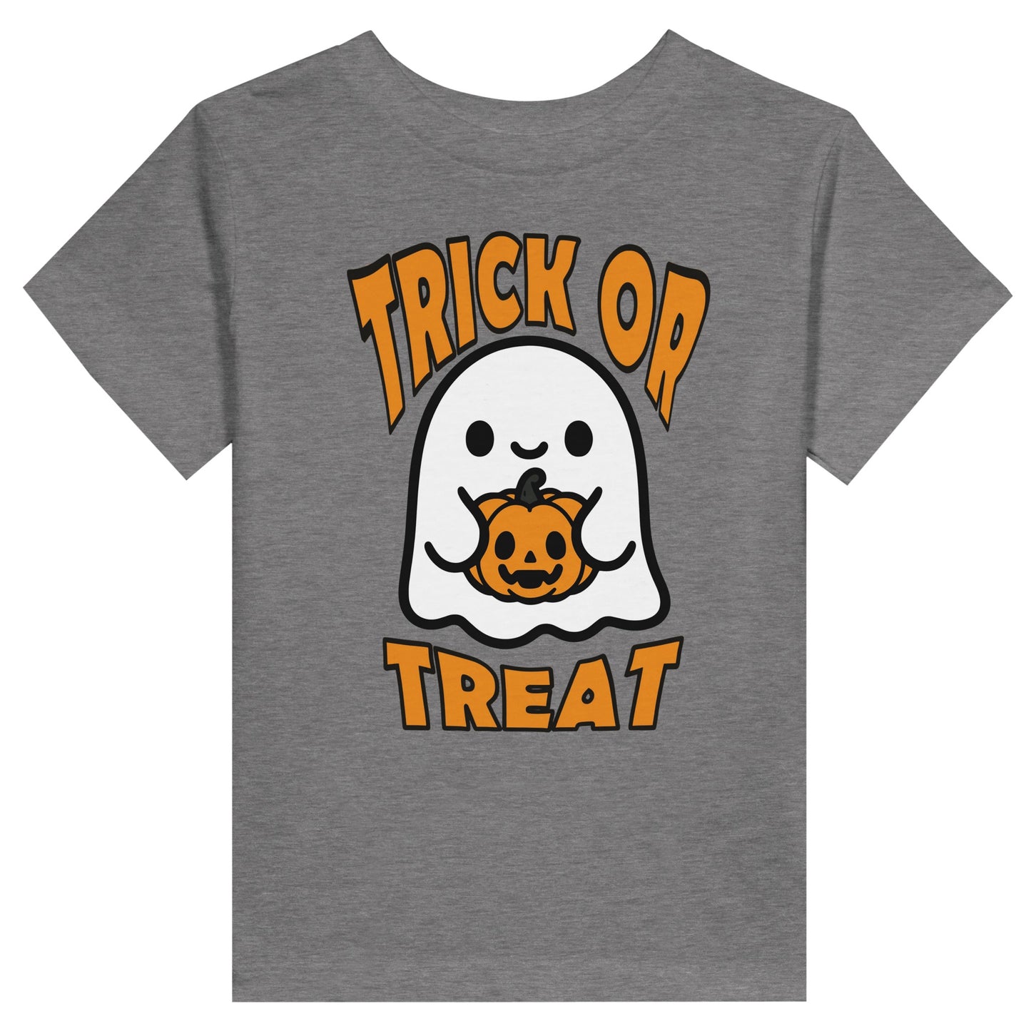 Grey short sleeve toddle shirt for halloween with a picture of a ghost holding a pumpkin and the text "Trick or treat"