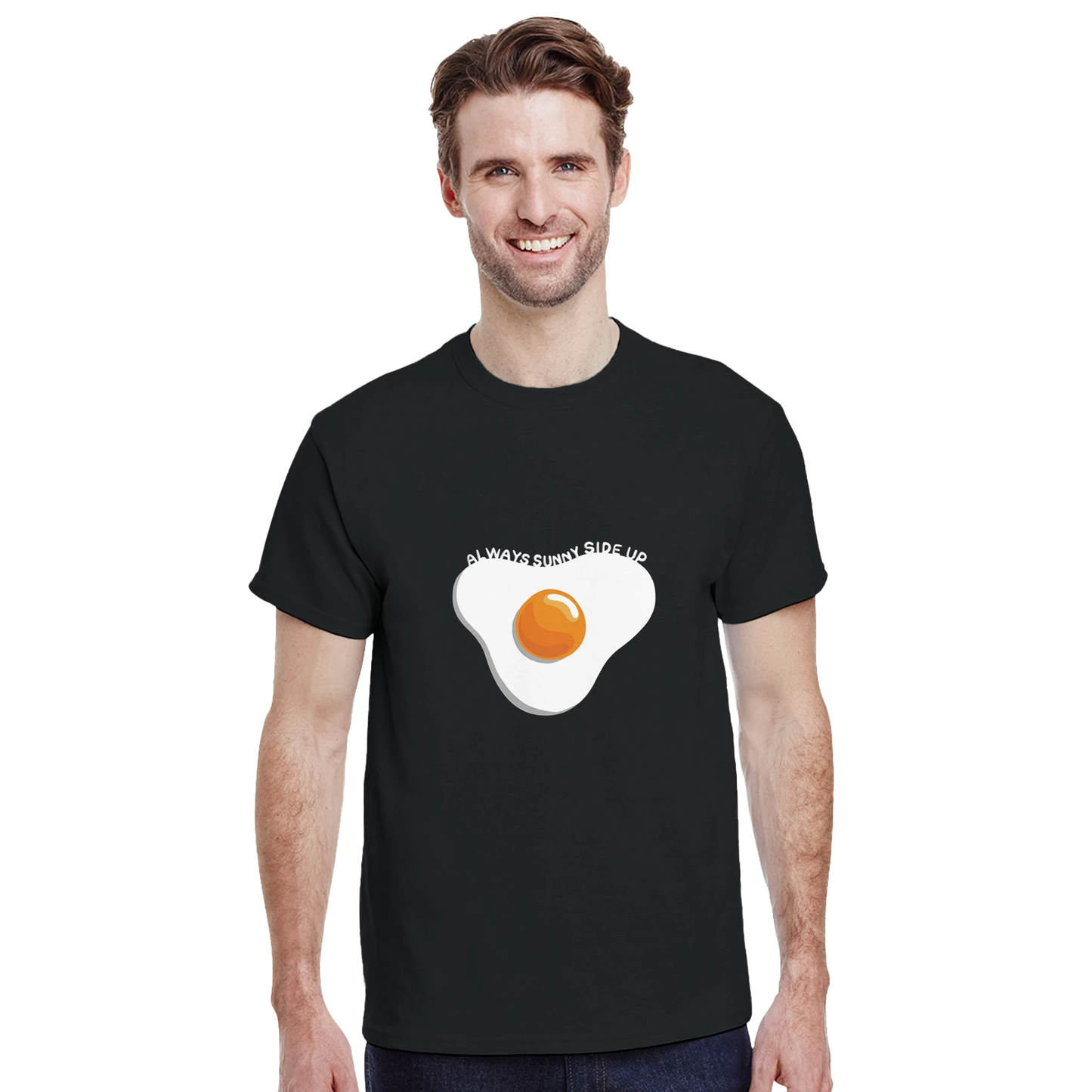 Astral Apple Men’s, Women’s or Unisex short sleeved, casual style classic crewneck t-shirt in Black cotton, with graphic print of a delicious fried egg and the text, "always sunny side up", on a model, happy, positive and yummy egg t-shirt