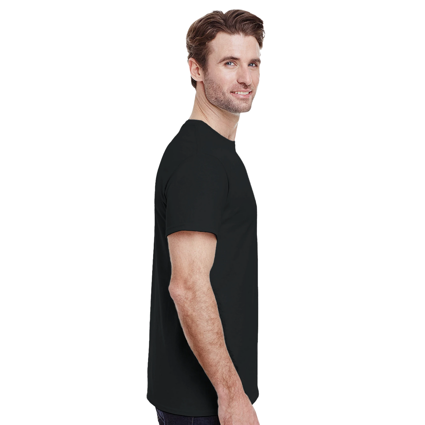Astral Apple Men’s, Women’s or Unisex short sleeved, casual style classic crewneck t-shirt in Black cotton, with graphic print of a delicious fried egg and the text, "always sunny side up", model side view, happy, positive and yummy egg t-shirt