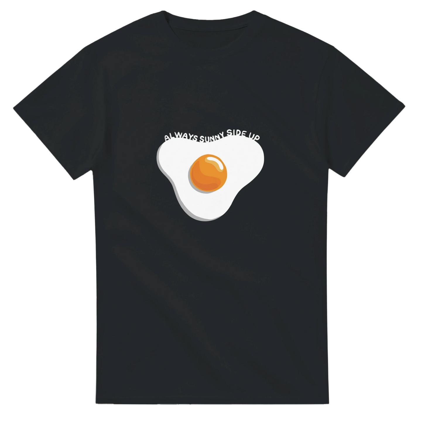 Astral Apple Men’s, Women’s or Unisex short sleeved, casual style classic crewneck t-shirt in Black cotton, with graphic print of a delicious fried egg and the text, "always sunny side up", front view, happy, positive and yummy egg t-shirt