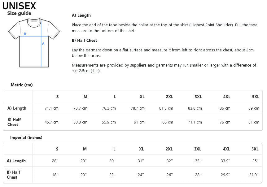 A men's and women's unisex size guide chart with shirt size measurements