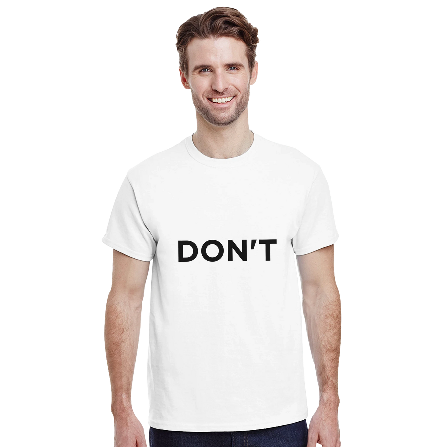 Astral Apple Men’s, Women’s or Unisex short sleeved, casual style classic crewneck t-shirt in White cotton, with graphic print of the word "Don't" in bold, all caps, on a model, funny, bad mood, breaking point shirt