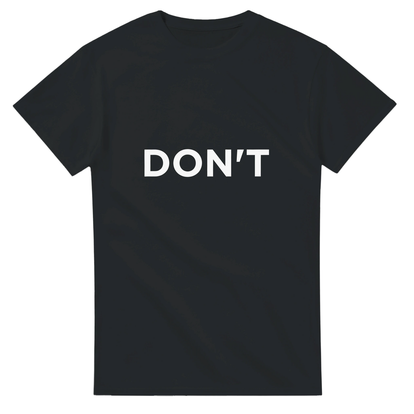 Astral Apple Men’s, Women’s or Unisex short sleeved, casual style classic crewneck t-shirt in Black cotton, with graphic print of the word "Don't" in bold, all caps, front view, funny, bad mood, breaking point shirt