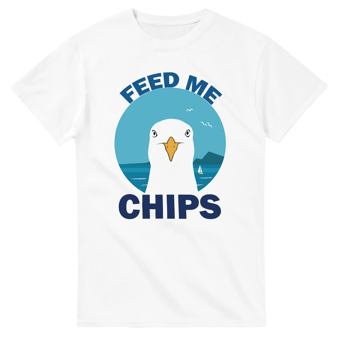 Astral Apple Men’s, Women’s or Unisex short sleeved, casual style classic crewneck t-shirt in white cotton, with graphic print of a seagull at the beach and the text, “Feed Me Chips”, front view, funny beach and seaside design