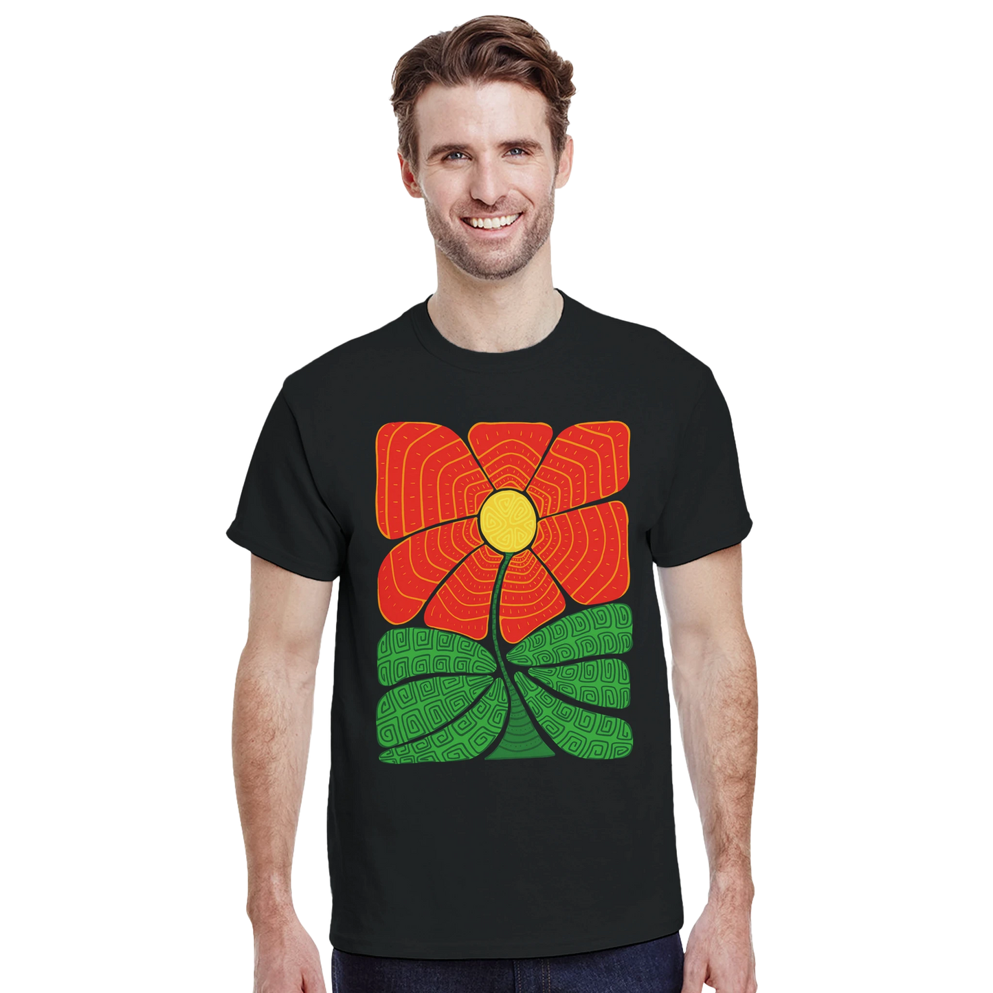 Astral Apple Men’s, Women’s or Unisex short sleeved, casual style classic crewneck t-shirt in Black cotton, with graphic print of a picture of an abstract, retro style flower with greek or aztec style patterns on it, on a model, a bold, bright and colourful design