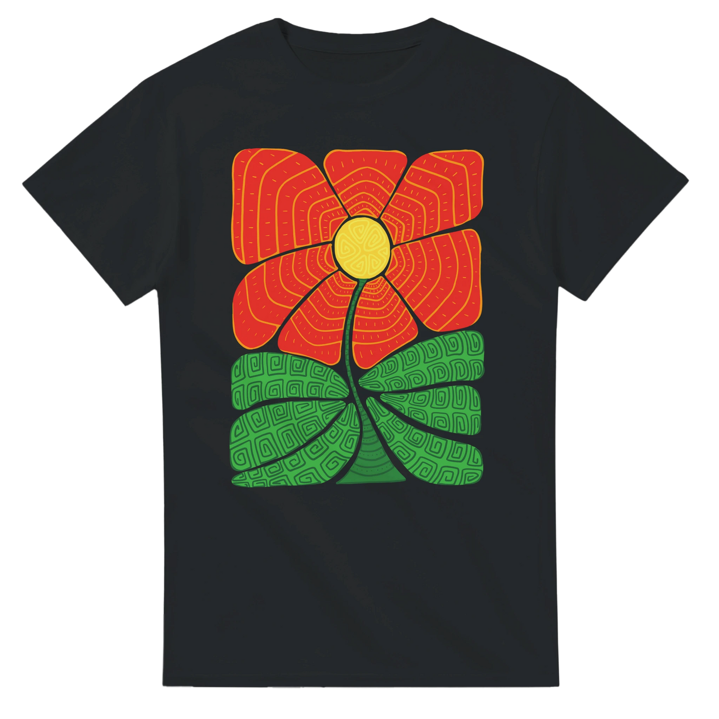 Astral Apple Men’s, Women’s or Unisex short sleeved, casual style classic crewneck t-shirt in Black cotton, with graphic print of a picture of an abstract, retro style flower with greek or aztec style patterns on it, front view, a bold, bright and colourful design