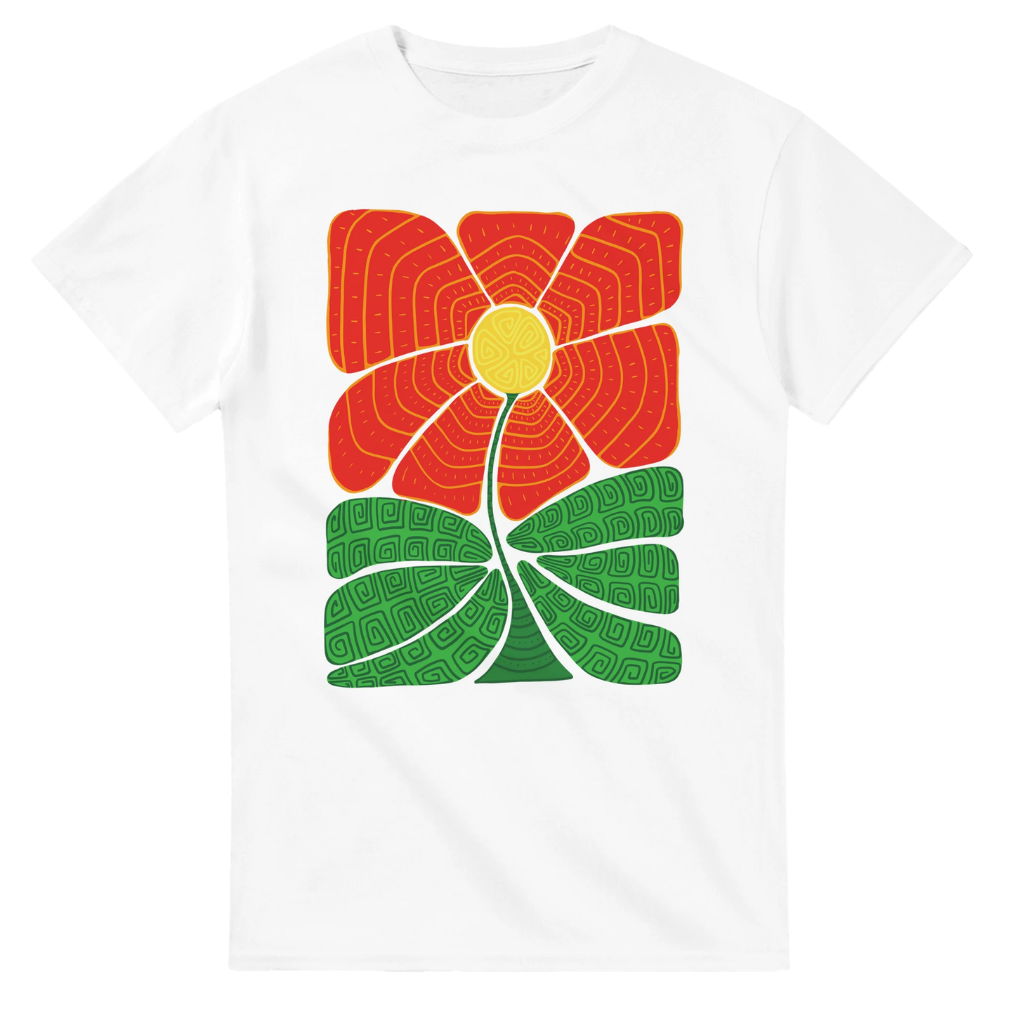 Astral Apple Men’s, Women’s or Unisex short sleeved, casual style classic crewneck t-shirt in white cotton, with graphic print of a picture of an abstract, retro style flower with greek or aztec style patterns on it, front view, a bold, bright and colourful design