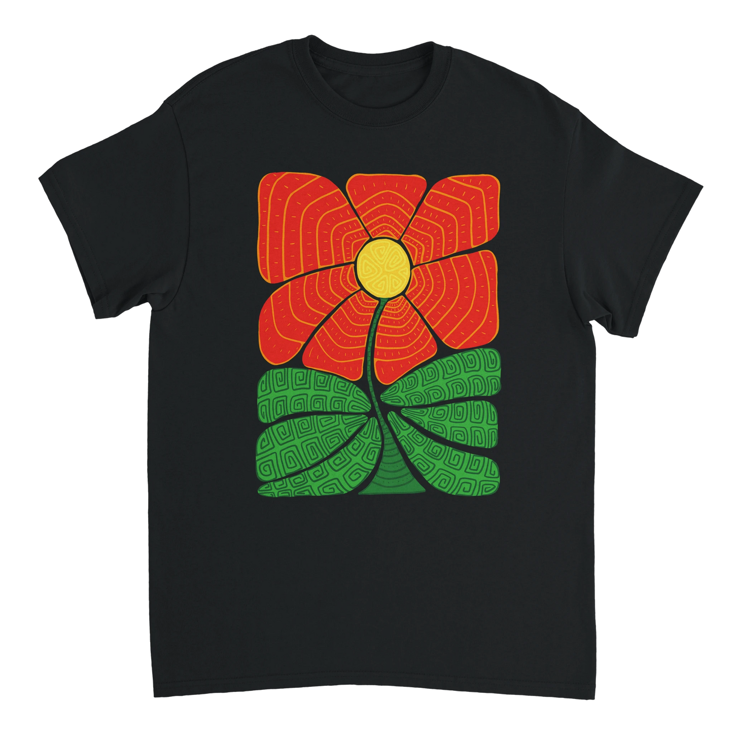Astral Apple Men’s, Women’s or Unisex short sleeved, casual style classic crewneck t-shirt in Black cotton, with graphic print of a picture of an abstract, retro style flower with greek or aztec style patterns on it, larger size, a bold, bright and colourful design