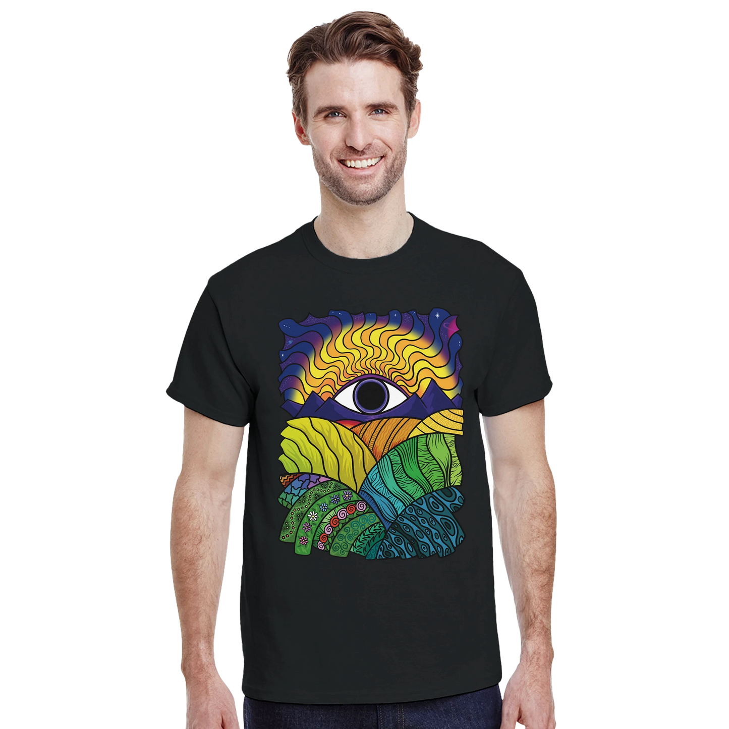 Astral Apple Men’s, Women’s or Unisex short sleeved, casual style classic crewneck t-shirt in black cotton, with psychedelic graphic print of a weird and wonderful landscape, on a model, holiday party, colourful summer style
