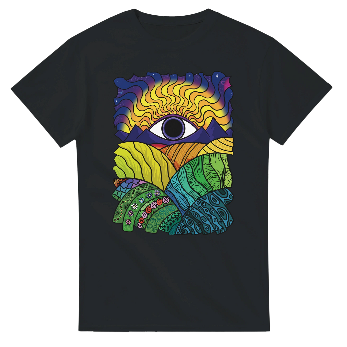 Astral Apple Men’s, Women’s or Unisex short sleeved, casual style classic crewneck t-shirt in black cotton, with psychedelic graphic print of a weird and wonderful landscape, front view, holiday party, colourful summer style