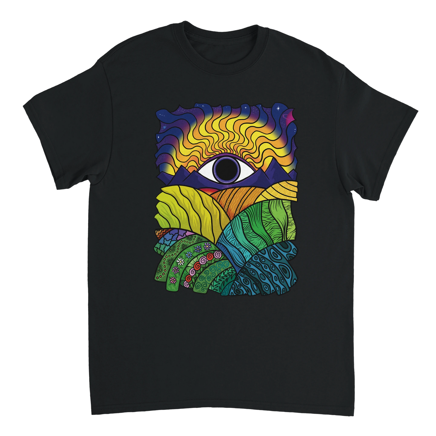 Astral Apple Men’s, Women’s or Unisex short sleeved, casual style classic crewneck t-shirt in black cotton, with psychedelic graphic print of a weird and wonderful landscape, larger size front view, holiday party, colourful summer style