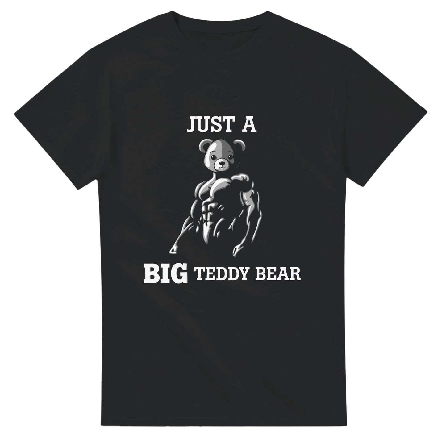 Astral Apple Men’s, Women’s or Unisex short sleeved, casual style classic crewneck t-shirt in black cotton, with graphic print of a muscular teddy bear and the text, “Just a Big Teddy Bear”, front view, funny and cute gym workout design