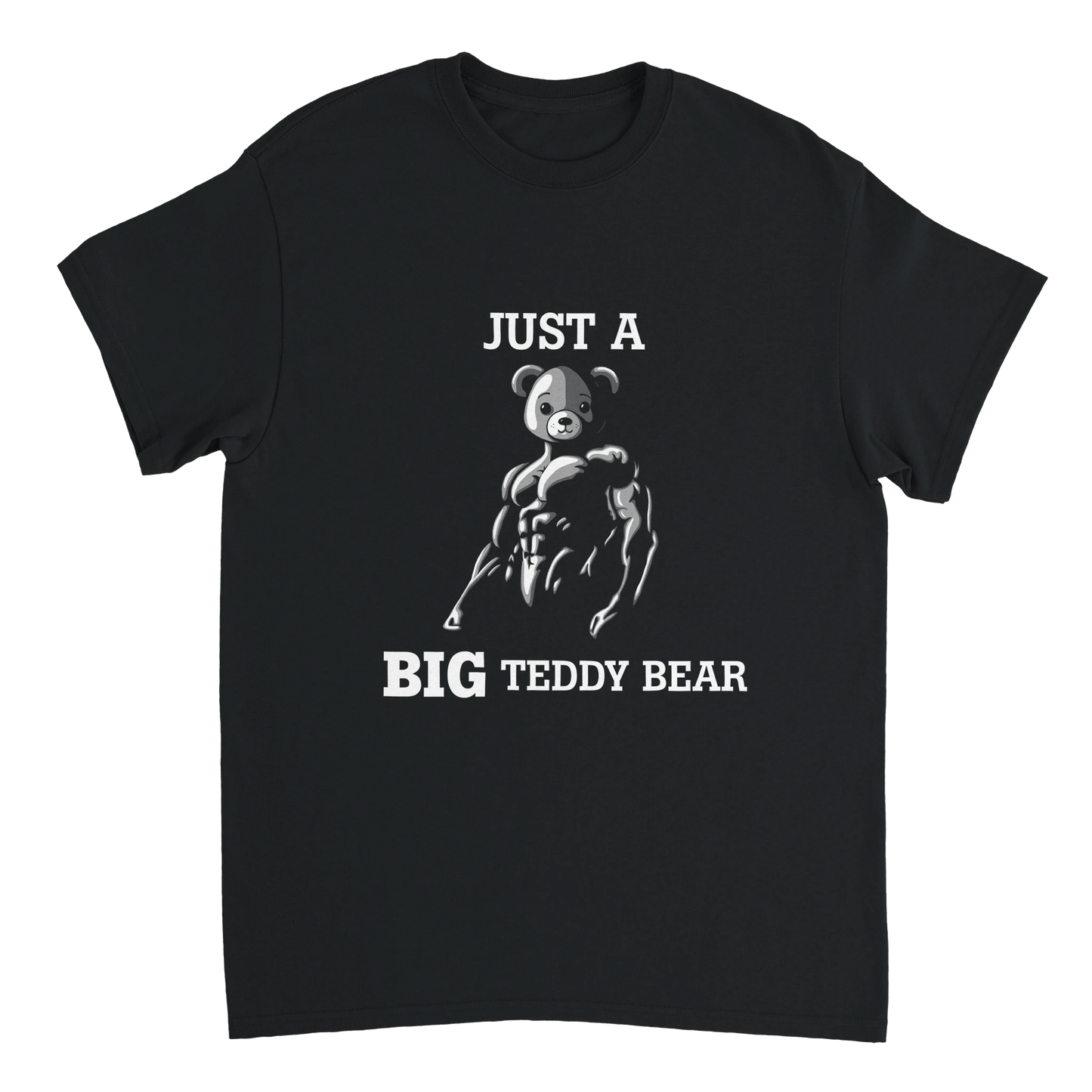 Astral Apple Men’s, Women’s or Unisex short sleeved, casual style classic crewneck t-shirt in black cotton, with graphic print of a muscular teddy bear and the text, “Just a Big Teddy Bear”, ironed front view, funny and cute gym workout design