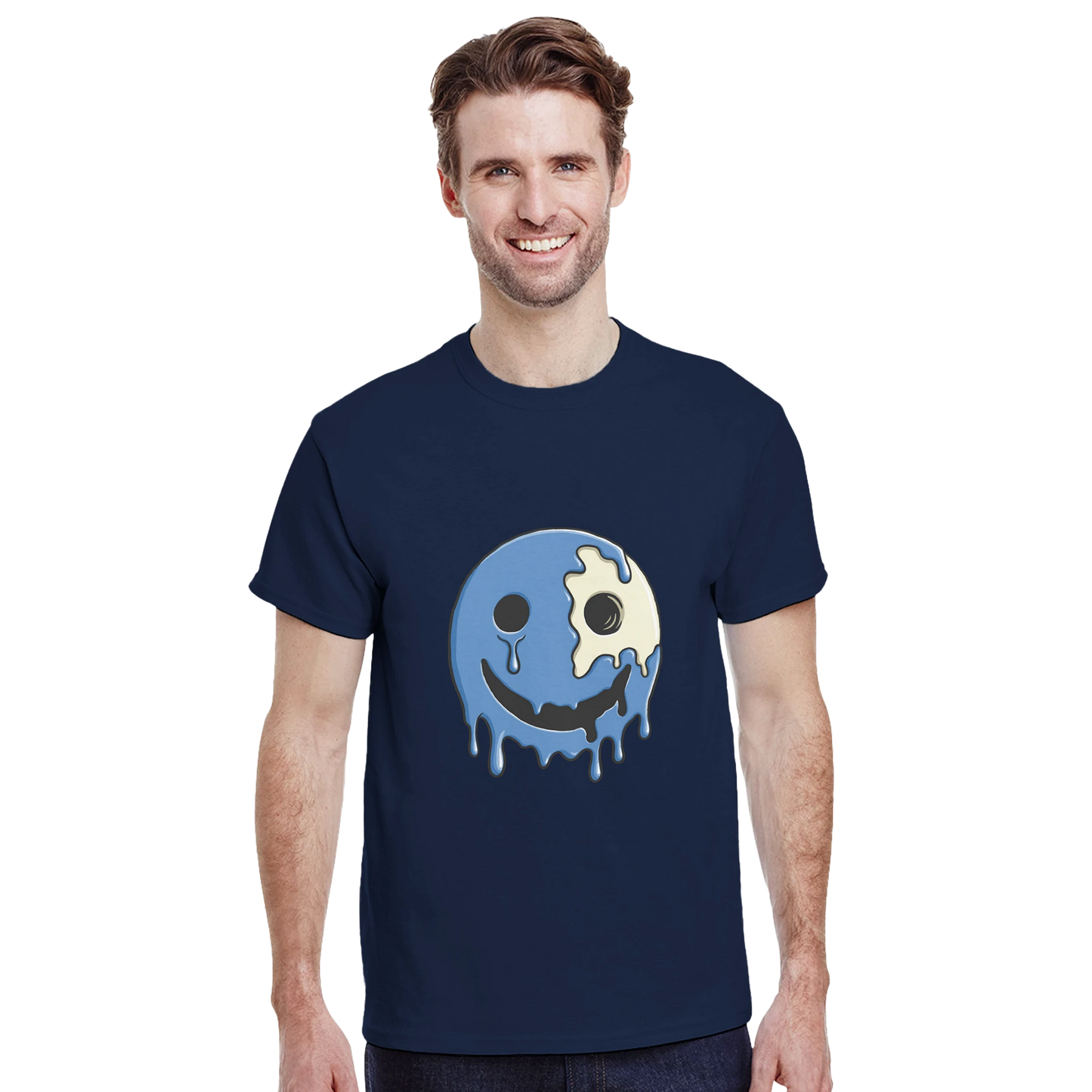 Astral Apple Men’s, Women’s or Unisex short sleeved, casual style classic crewneck t-shirt in navy blue cotton, with graphic print of a blue, melting happy face with skull showing, on a model, edgy smiling face design