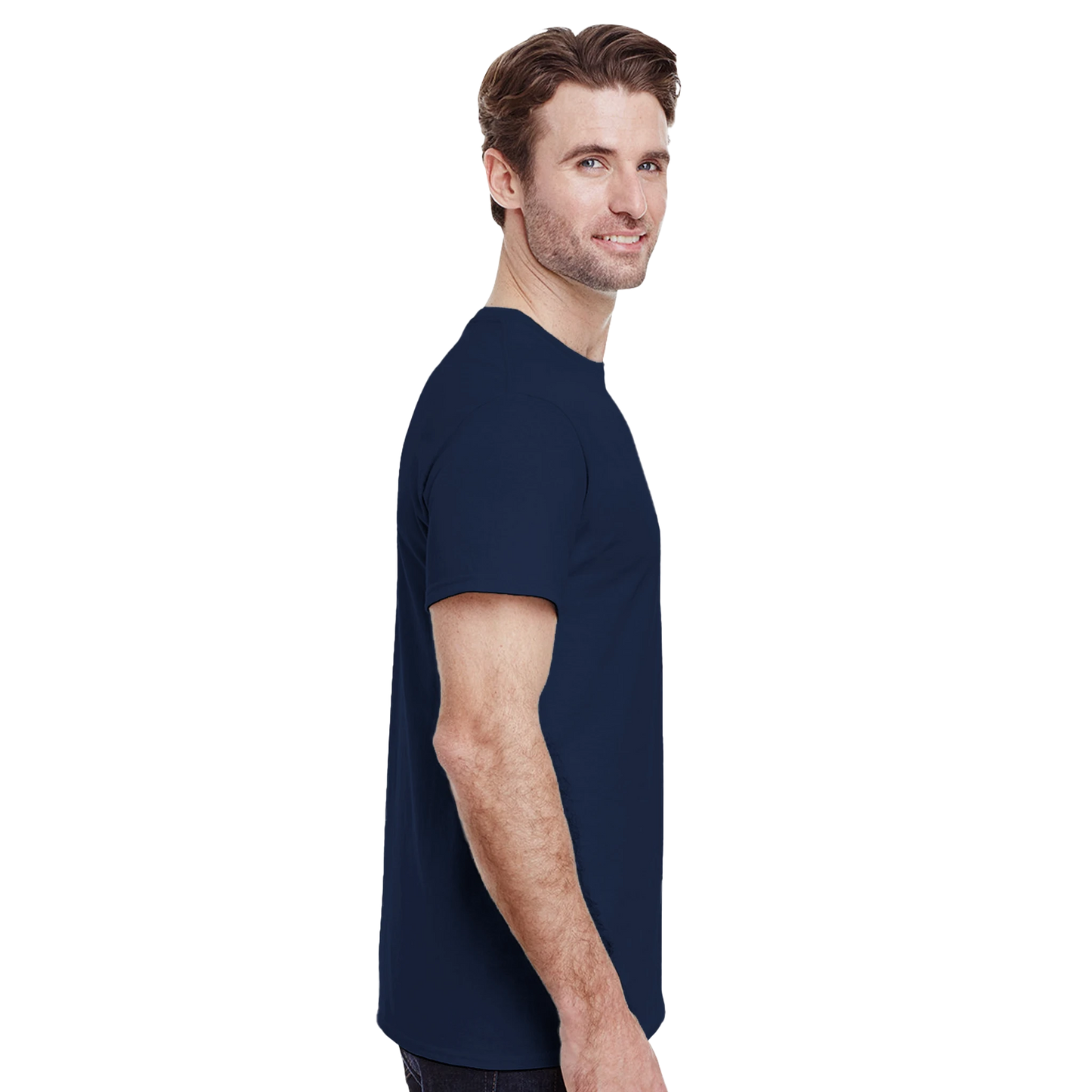 Astral Apple Men’s, Women’s or Unisex short sleeved, casual style classic crewneck t-shirt in navy blue cotton, with graphic print of a blue, melting happy face with skull showing, on a model, side view, edgy smiling face design