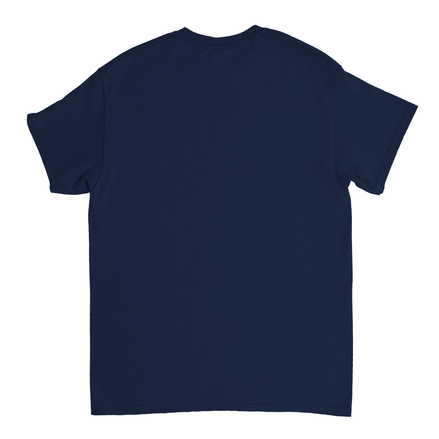Astral Apple Men’s, Women’s or Unisex short sleeved, casual style classic crewneck t-shirt in navy blue cotton, with graphic print of a blue, melting happy face with skull showing, back view, edgy smiling face design