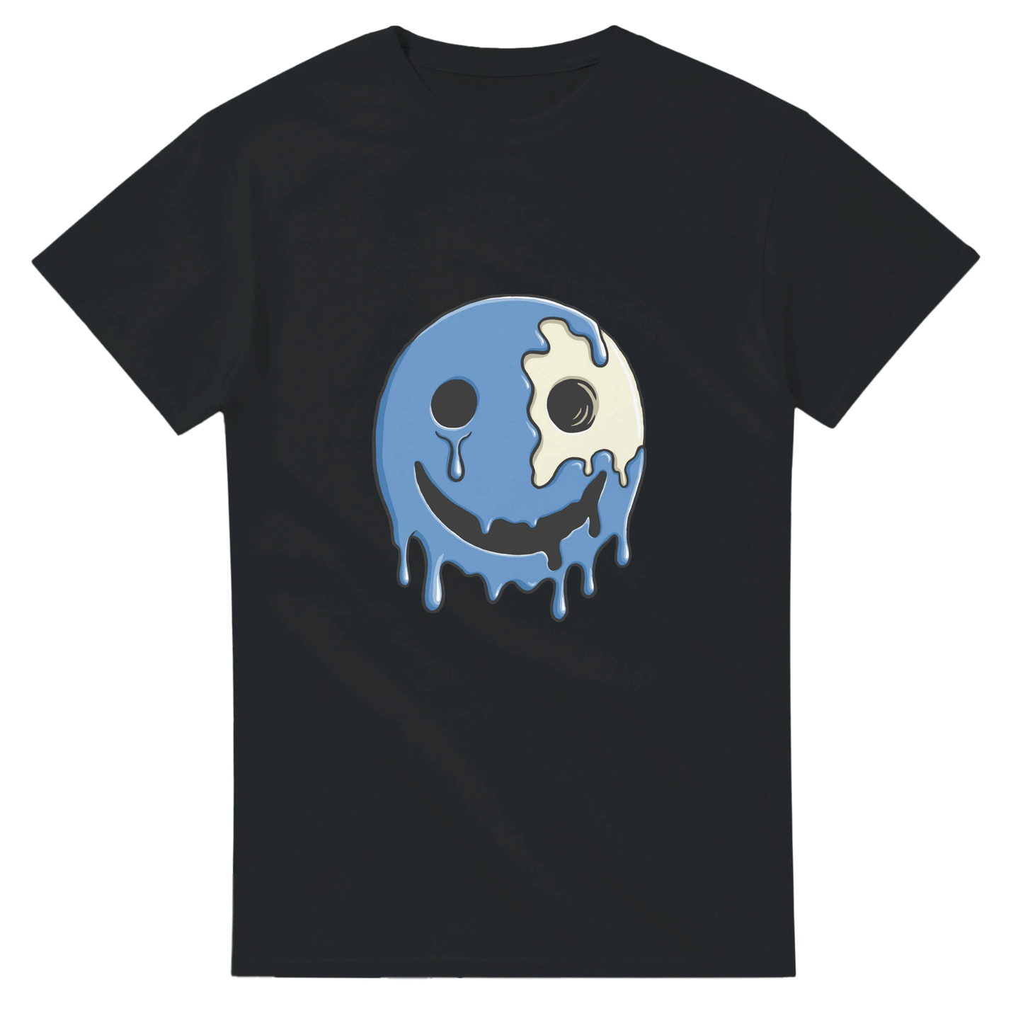 Astral Apple Men’s, Women’s or Unisex short sleeved, casual style classic crewneck t-shirt in black cotton, with graphic print of a blue, melting happy face with skull showing, front view, edgy smiling face design