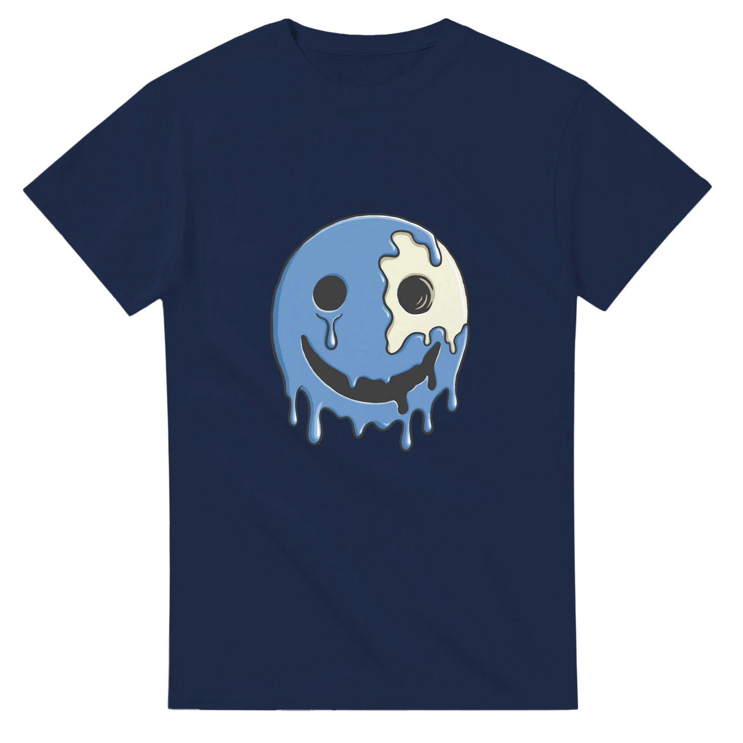 Astral Apple Men’s, Women’s or Unisex short sleeved, casual style classic crewneck t-shirt in navy blue cotton, with graphic print of a blue, melting happy face with skull showing, front view, edgy smiling face design