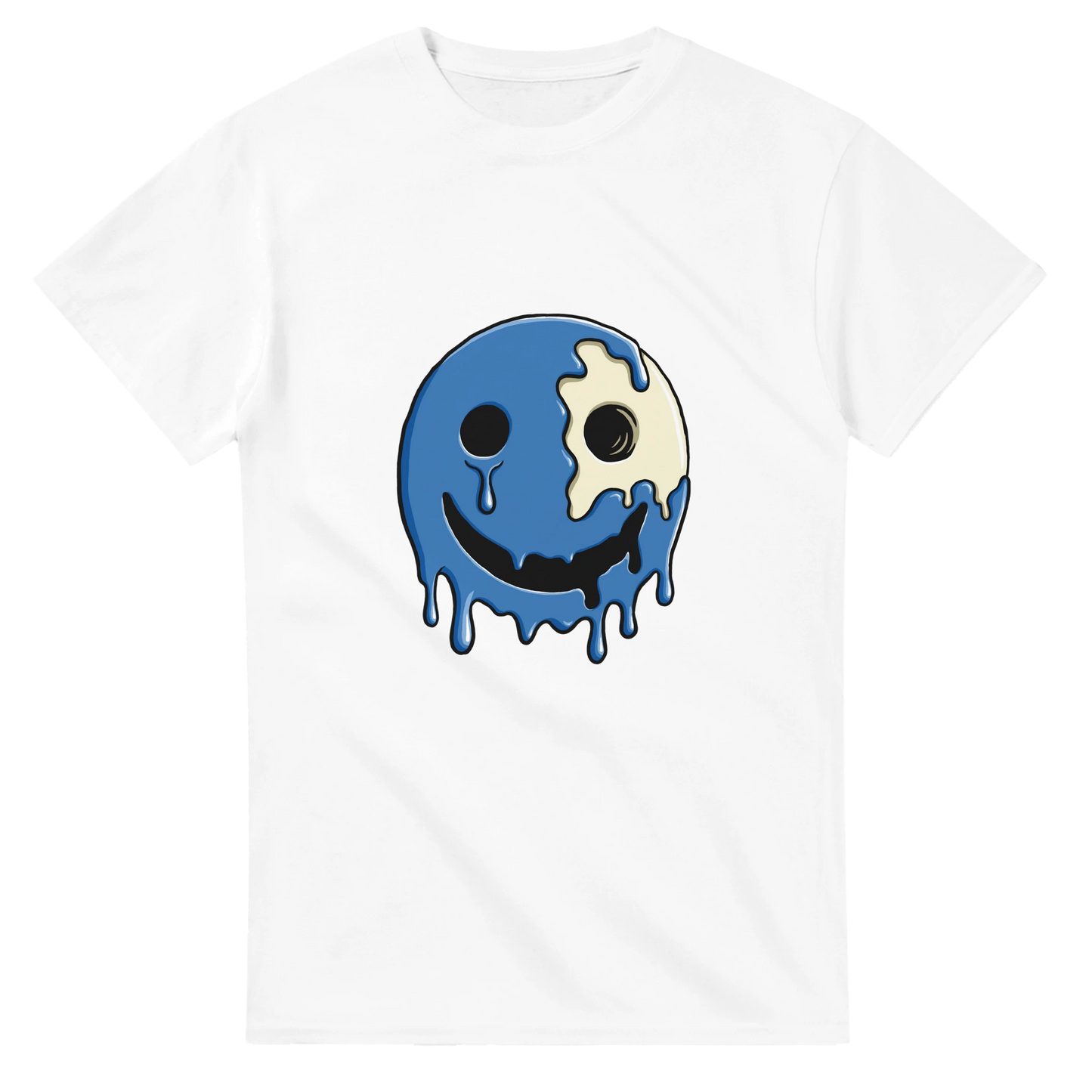 Astral Apple Men’s, Women’s or Unisex short sleeved, casual style classic crewneck t-shirt in white cotton, with graphic print of a blue, melting happy face with skull showing, front view, edgy smiling face design