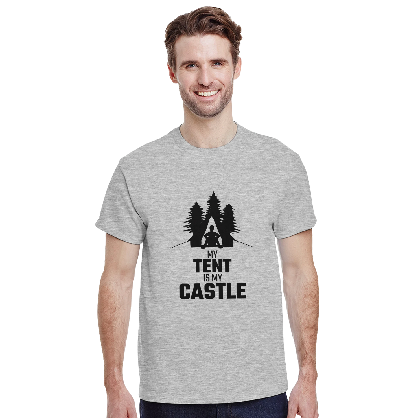 Astral Apple Men’s, Women’s or Unisex short sleeved, casual style classic crewneck t-shirt in Grey cotton, with graphic print of a man sitting in his tent with trees behind him and the text, "My Tent is My Castle", on a model, funny outdoor camping t-shirt