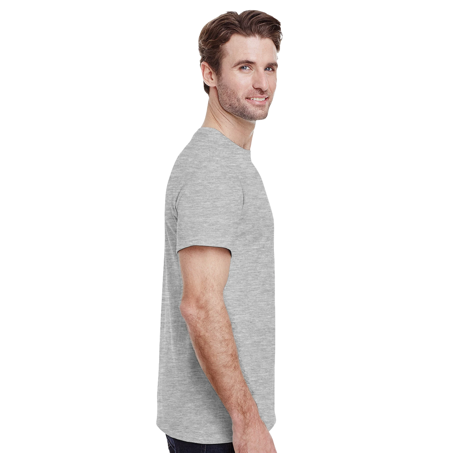 Astral Apple Men’s, Women’s or Unisex short sleeved, casual style classic crewneck t-shirt in Grey cotton, with graphic print of a man sitting in his tent with trees behind him and the text, "My Tent is My Castle", model side view, funny outdoor camping t-shirt