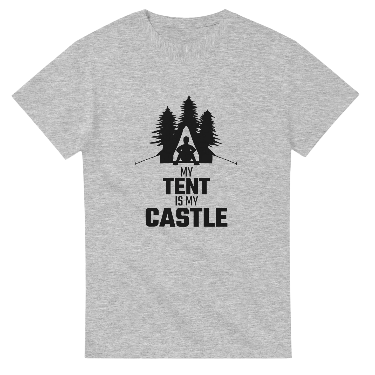 Astral Apple Men’s, Women’s or Unisex short sleeved, casual style classic crewneck t-shirt in Grey cotton, with graphic print of a man sitting in his tent with trees behind him and the text, "My Tent is My Castle", front view, funny outdoor camping t-shirt