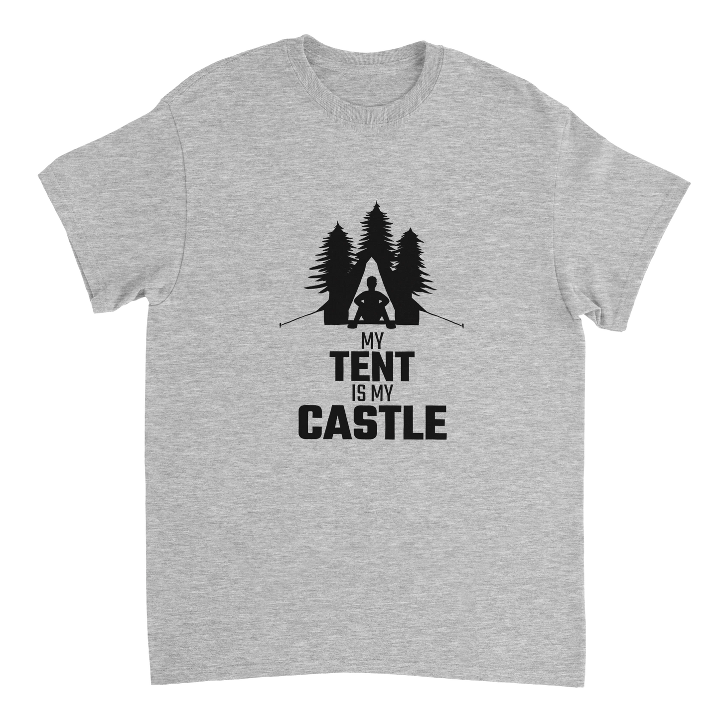 Astral Apple Men’s, Women’s or Unisex short sleeved, casual style classic crewneck t-shirt in Grey cotton, with graphic print of a man sitting in his tent with trees behind him and the text, "My Tent is My Castle", larger size, funny outdoor camping t-shirt