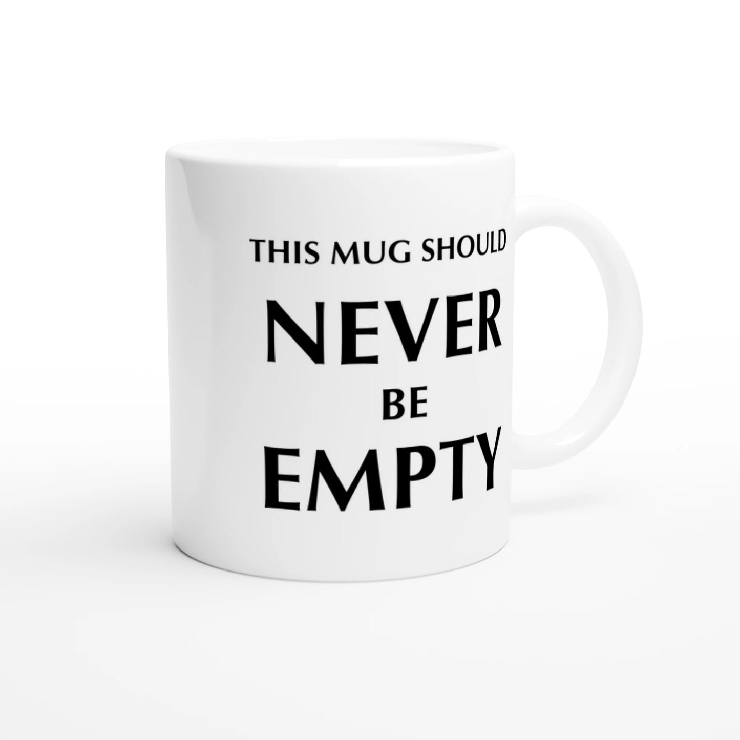 Astral Apple white, microwave and dishwasher safe, 11oz, ceramic mug with graphic print of the text, “This Mug Should Never Be Empty”, back view, funny mug design
