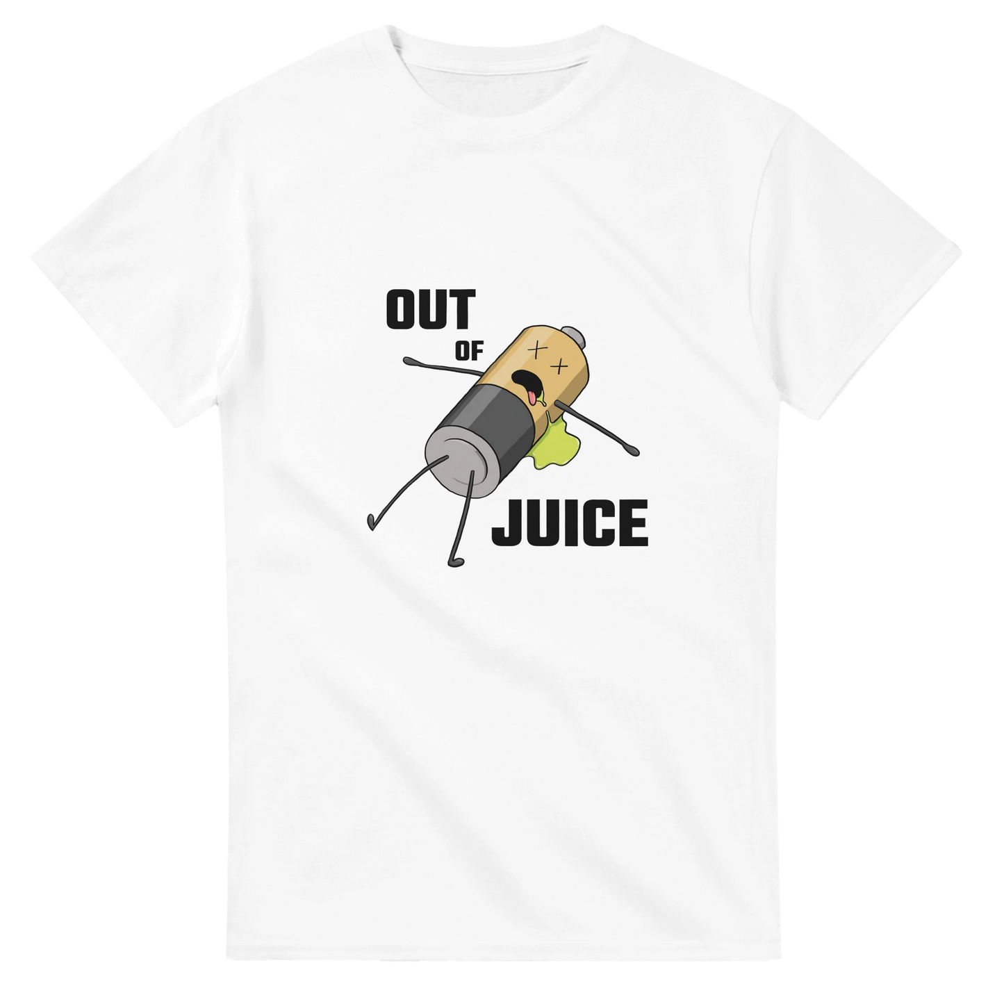 Astral Apple Men’s, Women’s or Unisex short sleeved, casual style classic crewneck t-shirt in white cotton, with graphic print of a dead battery character leaking battery acid and the text, “Out of Juice”, front view, funny burnout design