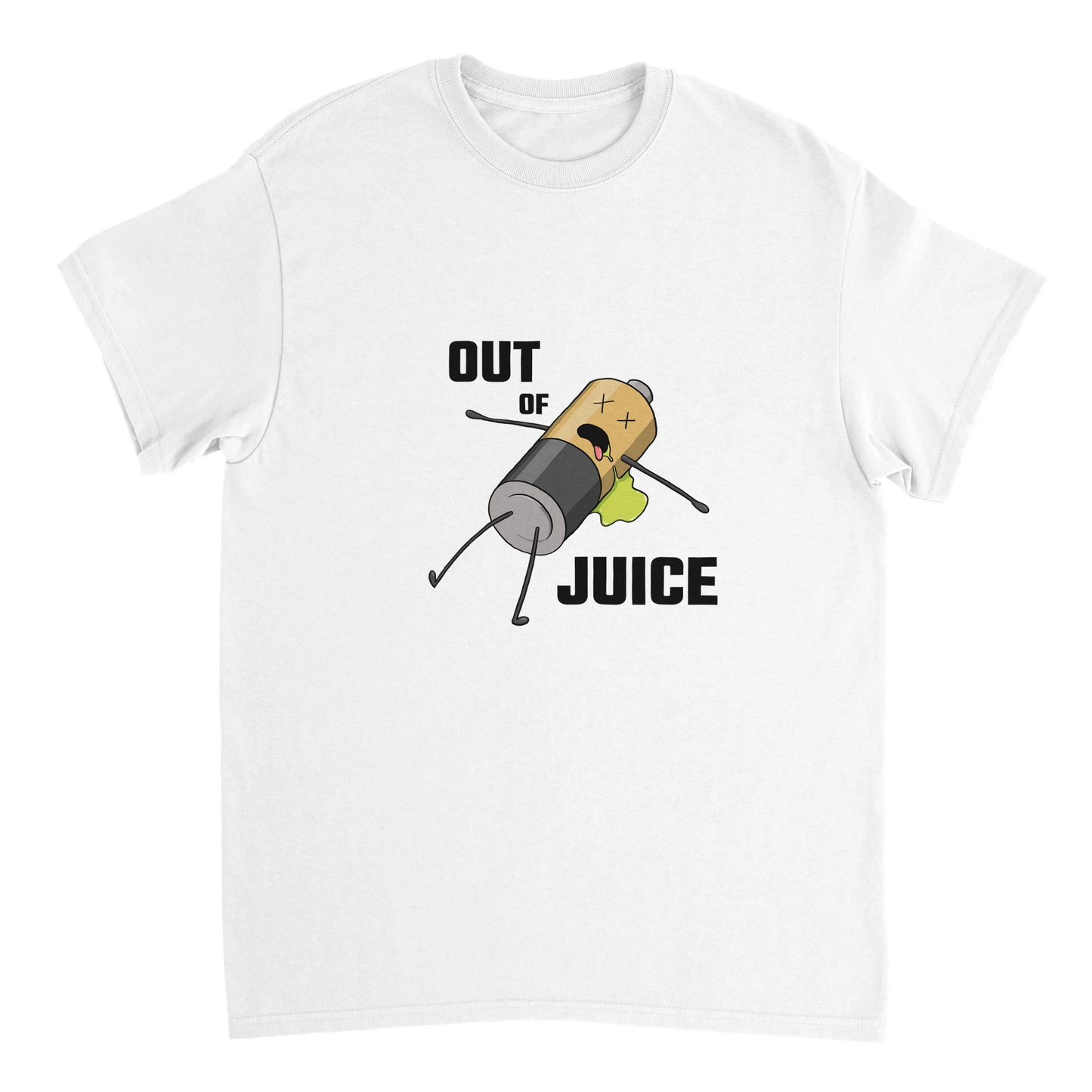 Astral Apple Men’s, Women’s or Unisex short sleeved, casual style classic crewneck t-shirt in white cotton, with graphic print of a dead battery character leaking battery acid and the text, “Out of Juice”, larger size front view, funny burnout design