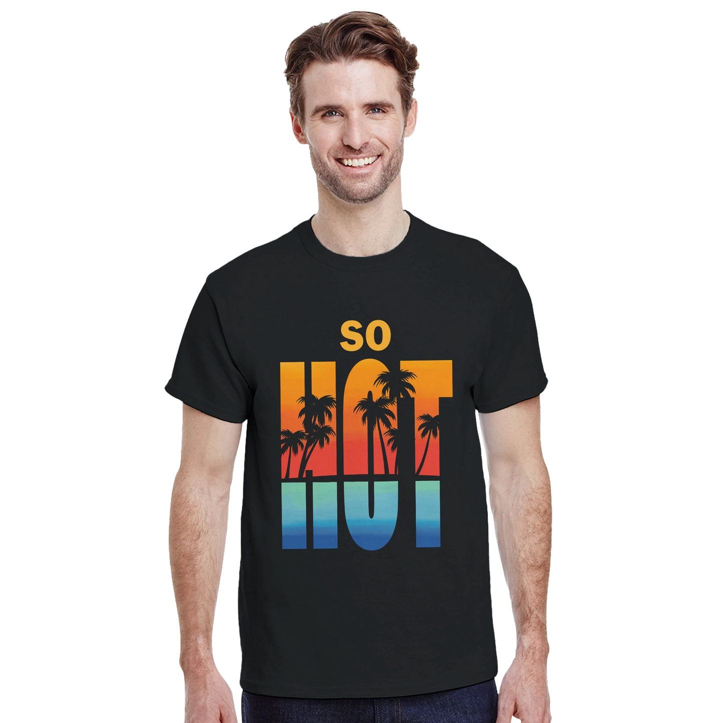 Astral Apple Men’s, Women’s or Unisex short sleeved, casual style classic crewneck t-shirt in black cotton, with graphic print of a vibrant tropical beach scene and the text, “So Hot”, on a model, edgy retro summer style