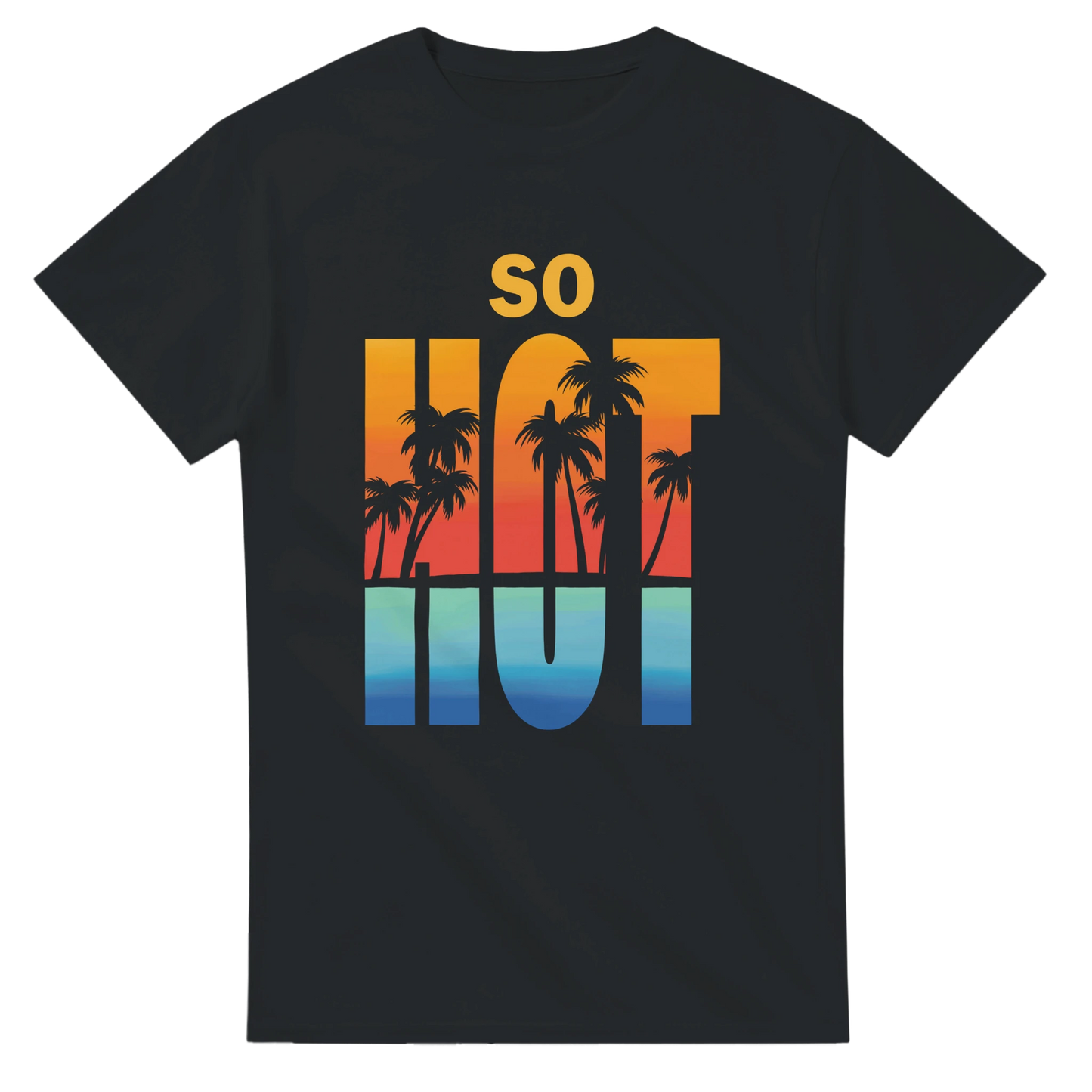 Astral Apple Men’s, Women’s or Unisex short sleeved, casual style classic crewneck t-shirt in black cotton, with graphic print of a vibrant tropical beach scene and the text, “So Hot”, front view, retro summer style