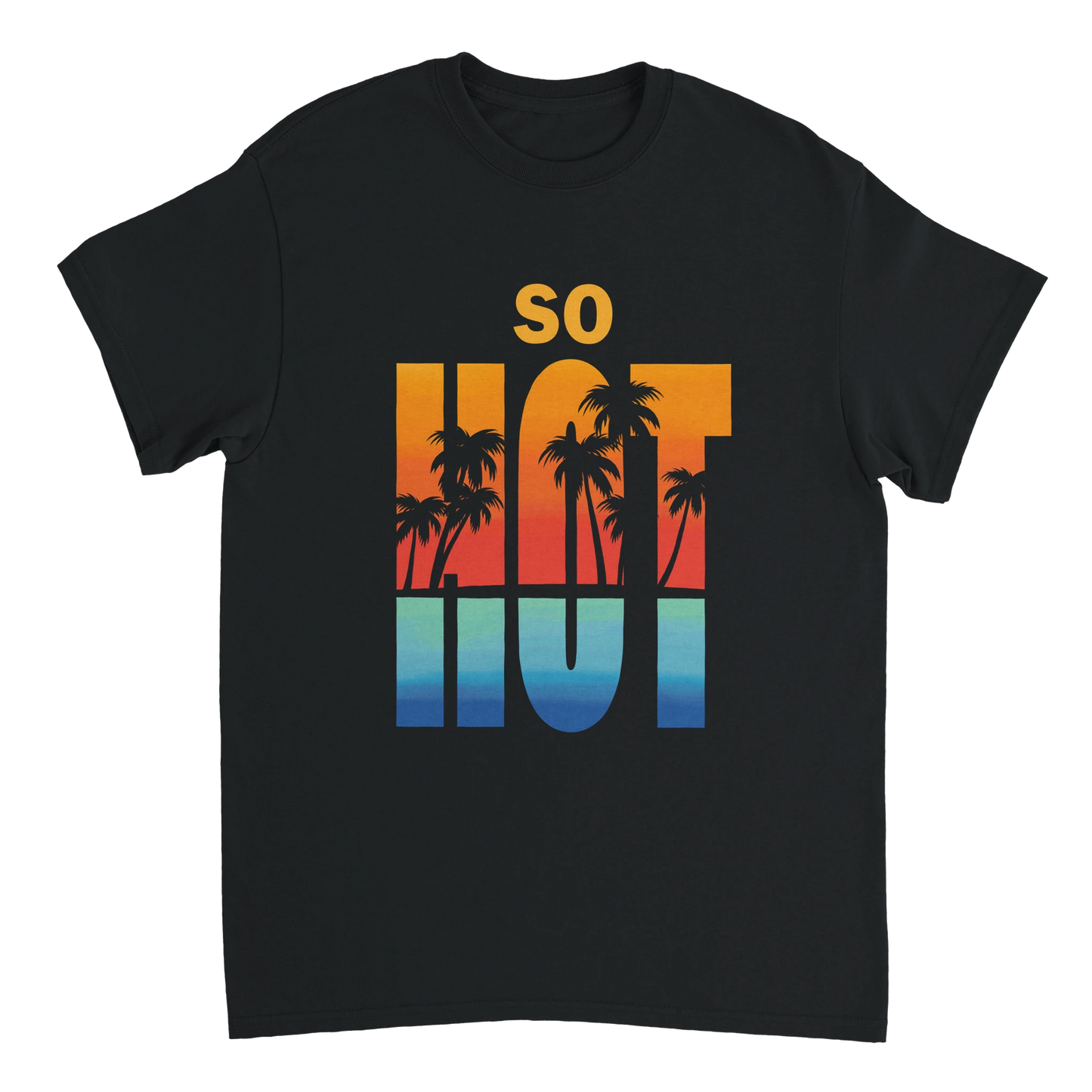 Astral Apple Men’s, Women’s or Unisex short sleeved, casual style classic crewneck t-shirt in black cotton, with graphic print of a vibrant tropical beach scene and the text, “So Hot”, larger size front view, retro summer style