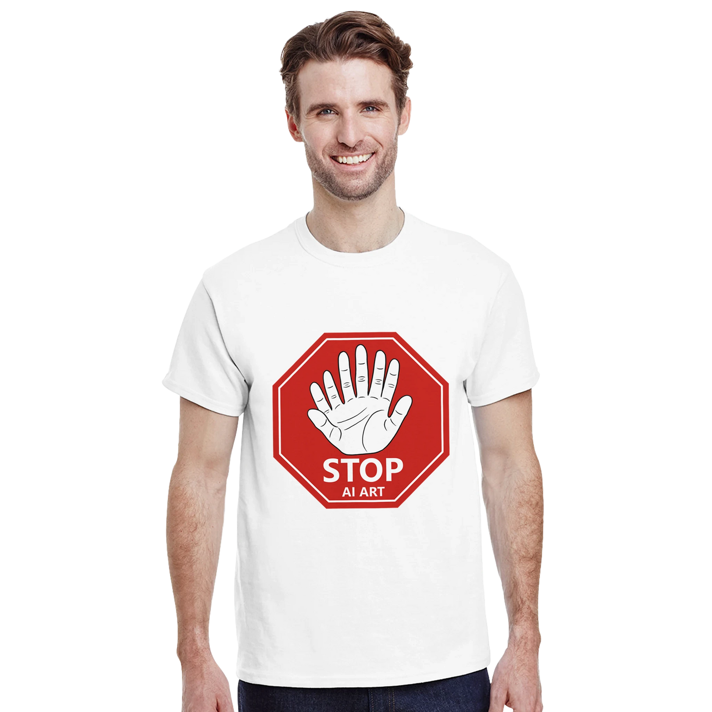 Astral Apple Men’s, Women’s or Unisex short sleeved, casual style classic crewneck t-shirt in White cotton, with graphic print of a red stop sign with the text, "Stop AI Art" and a drawing of an AI style hand with 6 fingers and 2 thumbs making a stop gesture, on a model, for human artists and creatives