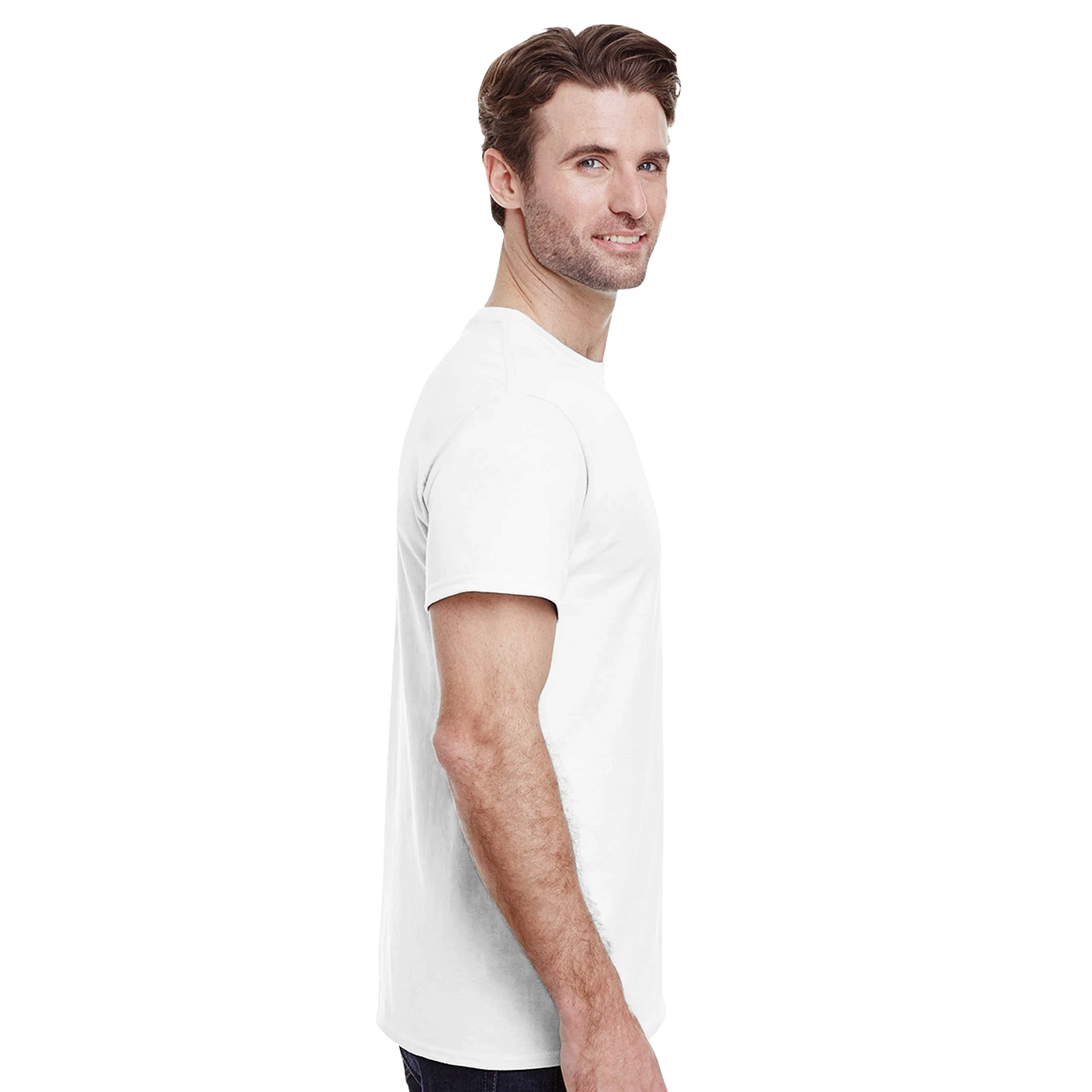 Astral Apple Men’s, Women’s or Unisex short sleeved, casual style classic crewneck t-shirt in White cotton, with graphic print of a red stop sign with the text, "Stop AI Art" and a drawing of an AI style hand with 6 fingers and 2 thumbs making a stop gesture, model side view, for human artists and creatives