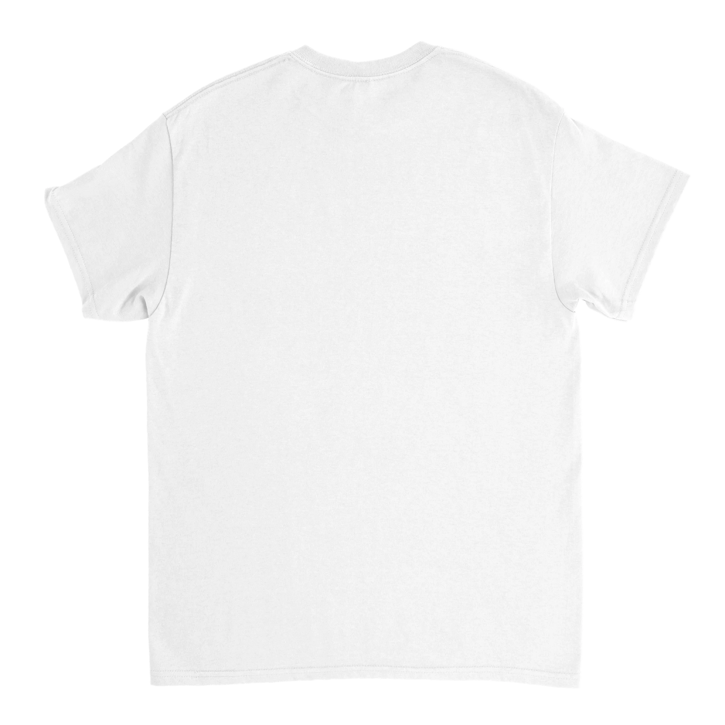 Astral Apple Men’s, Women’s or Unisex short sleeved, casual style classic crewneck t-shirt in White cotton, with graphic print of a red stop sign with the text, "Stop AI Art" and a drawing of an AI style hand with 6 fingers and 2 thumbs making a stop gesture, back view, for human artists and creatives