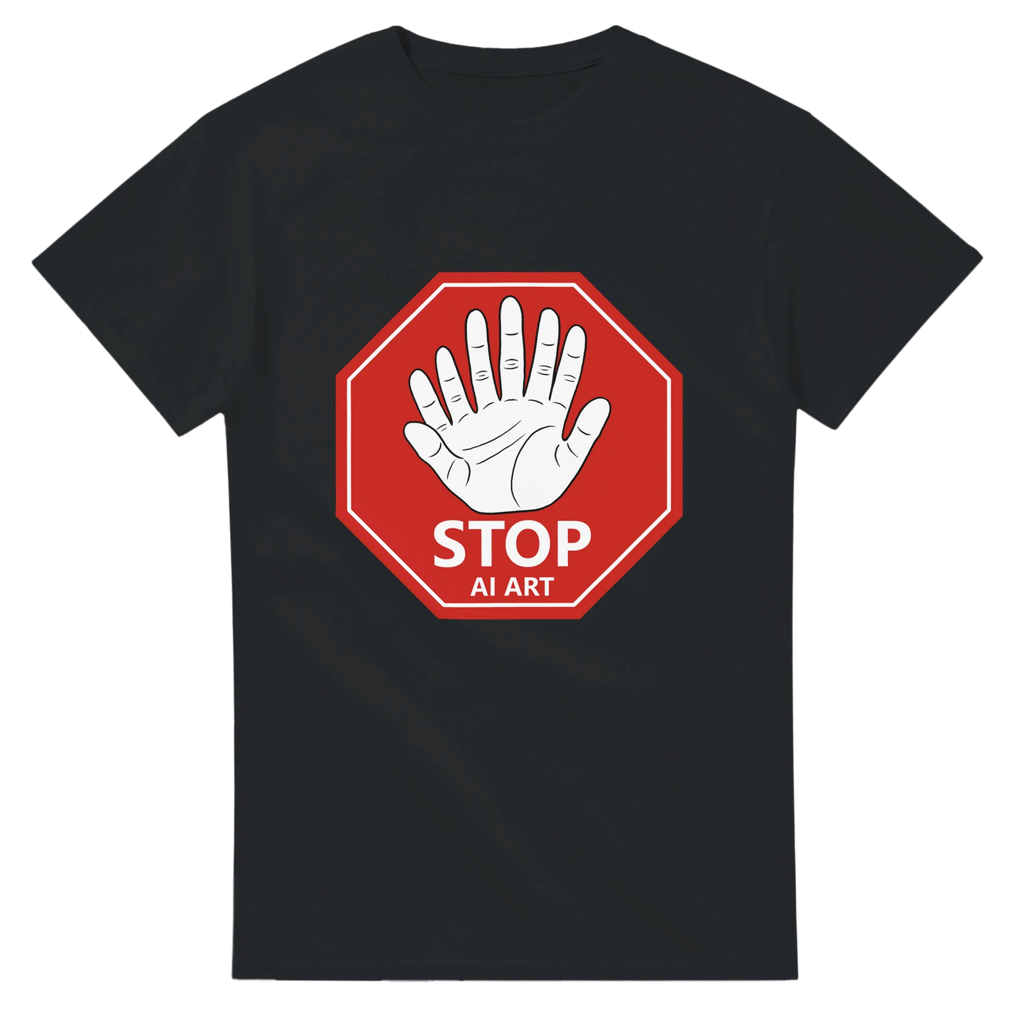 Astral Apple Men’s, Women’s or Unisex short sleeved, casual style classic crewneck t-shirt in black cotton, with graphic print of a red stop sign with the text, "Stop AI Art" and a drawing of an AI style hand with 6 fingers and 2 thumbs making a stop gesture, front view, for human artists and creatives