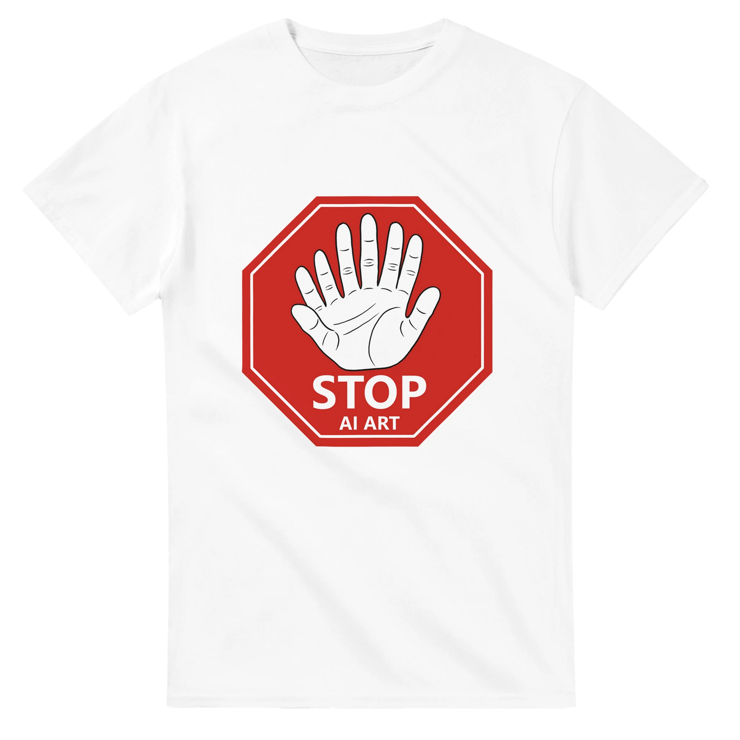 Astral Apple Men’s, Women’s or Unisex short sleeved, casual style classic crewneck t-shirt in White cotton, with graphic print of a red stop sign with the text, "Stop AI Art" and a drawing of an AI style hand with 6 fingers and 2 thumbs making a stop gesture, front view, for human artists and creatives