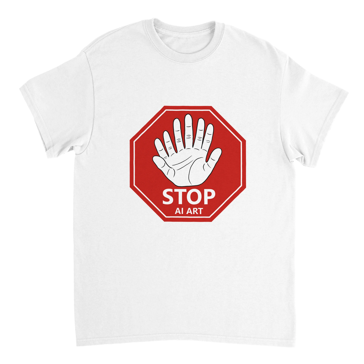 Astral Apple Men’s, Women’s or Unisex short sleeved, casual style classic crewneck t-shirt in White cotton, with graphic print of a red stop sign with the text, "Stop AI Art" and a drawing of an AI style hand with 6 fingers and 2 thumbs making a stop gesture, larger size, for human artists and creatives