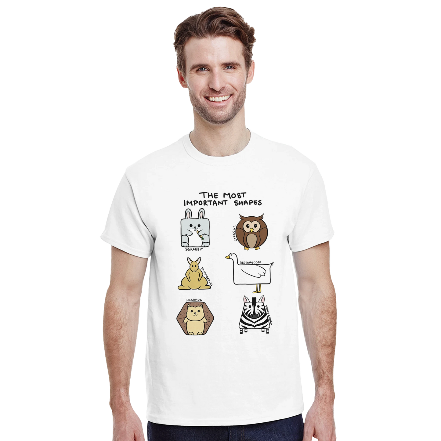 Astral Apple Men’s, Women’s or Unisex short sleeved, casual style classic crewneck t-shirt in white cotton, with graphic print of cute animal and shape mashups, on a model, funny design